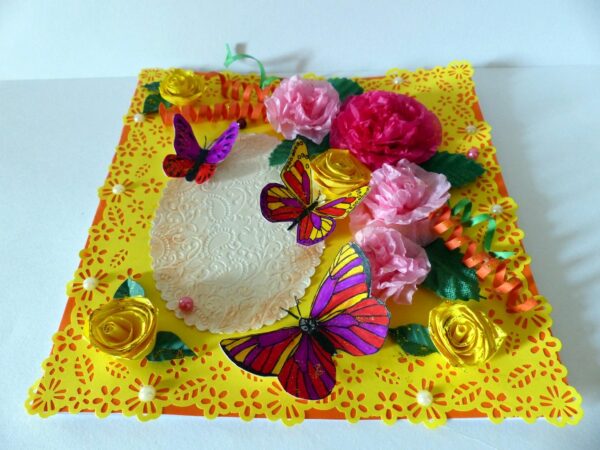 Yellow Paper Lace Border With Pink Flowers Greeting Card image Yellow Paper Lace Border With Pink Flowers Greeting Card image