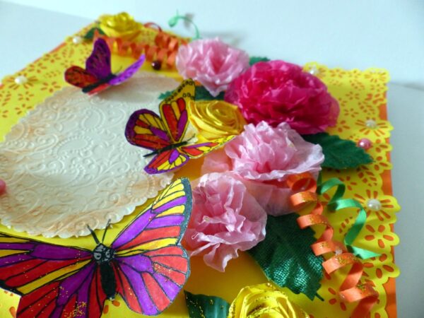 Yellow Paper Lace Border With Pink Flowers Greeting Card image Yellow Paper Lace Border With Pink Flowers Greeting Card image