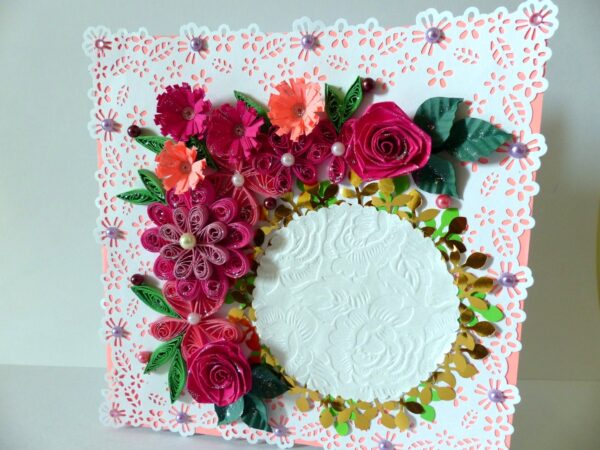 Paper Lace Border Pink Variety Flowers Greeting Card image Paper Lace Border Pink Variety Flowers Greeting Card image