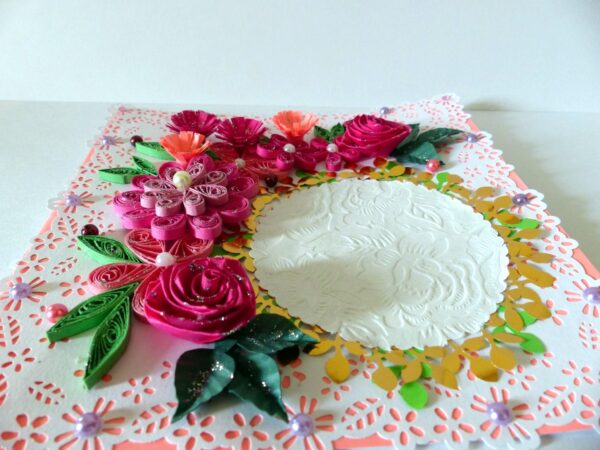 Paper Lace Border Pink Variety Flowers Greeting Card image Paper Lace Border Pink Variety Flowers Greeting Card image