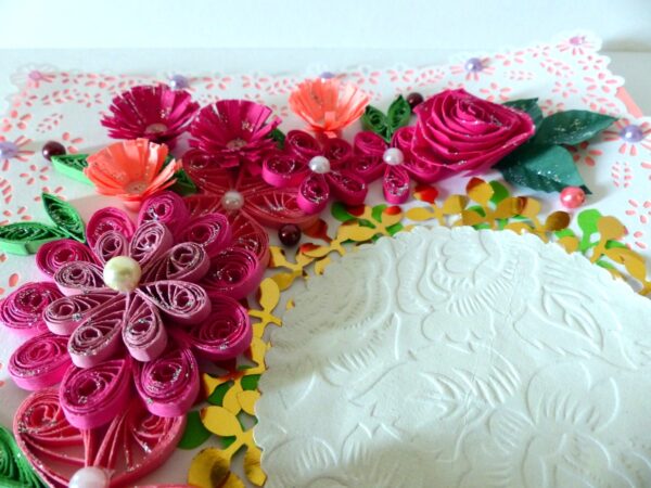 Paper Lace Border Pink Variety Flowers Greeting Card image Paper Lace Border Pink Variety Flowers Greeting Card image