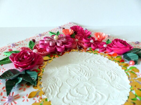 Paper Lace Border Pink Variety Flowers Greeting Card image Paper Lace Border Pink Variety Flowers Greeting Card image