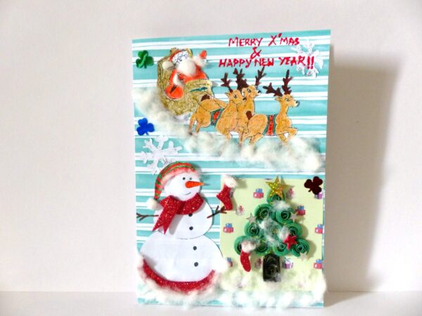 Christmas Santa Sleigh and Snowman Greeting Card image Christmas Santa Sleigh and Snowman Greeting Card image