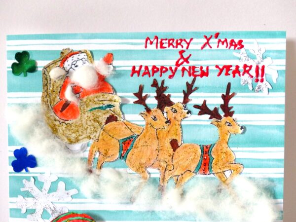 Christmas Santa Sleigh and Snowman Greeting Card image Christmas Santa Sleigh and Snowman Greeting Card image