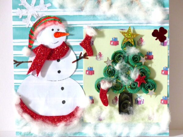 Christmas Santa Sleigh and Snowman Greeting Card image Christmas Santa Sleigh and Snowman Greeting Card image