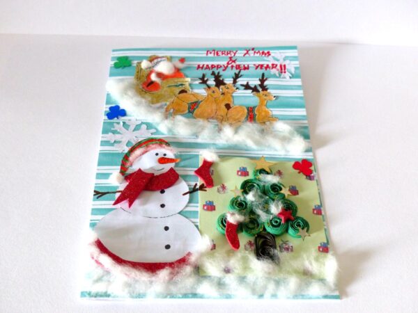 Christmas Santa Sleigh and Snowman Greeting Card image Christmas Santa Sleigh and Snowman Greeting Card image