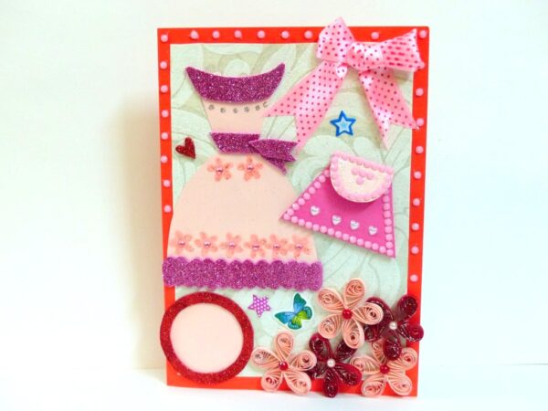 Pink Dress and Bag Girl Quilled Greeting Card image Pink Dress and Bag Girl Quilled Greeting Card image