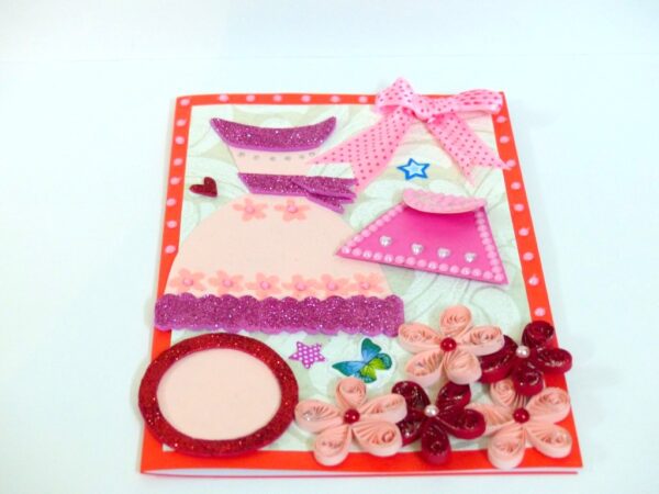 Pink Dress and Bag Girl Quilled Greeting Card image Pink Dress and Bag Girl Quilled Greeting Card image
