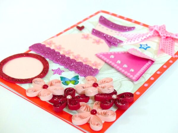 Pink Dress and Bag Girl Quilled Greeting Card image Pink Dress and Bag Girl Quilled Greeting Card image