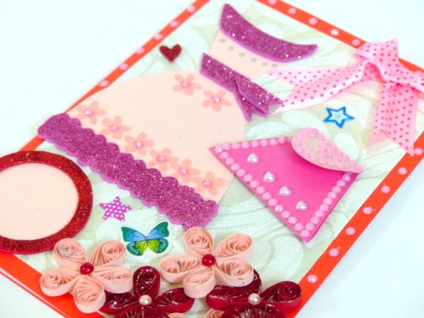Pink Dress and Bag Girl Quilled Greeting Card image Pink Dress and Bag Girl Quilled Greeting Card image