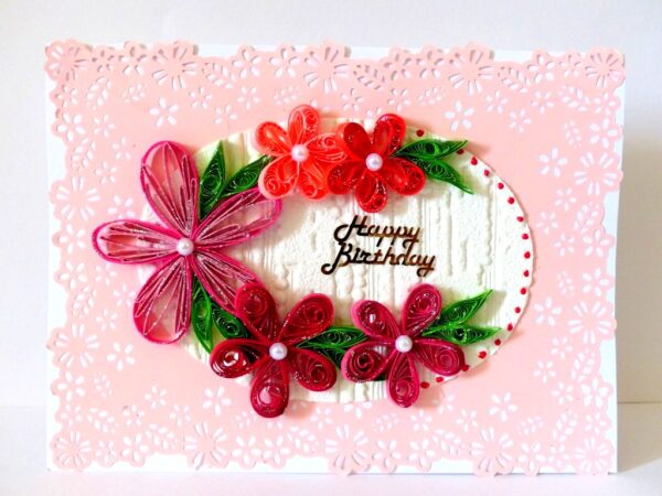 Quilled Pink Themed Birthday Greeting Card image Quilled Pink Themed Birthday Greeting Card image