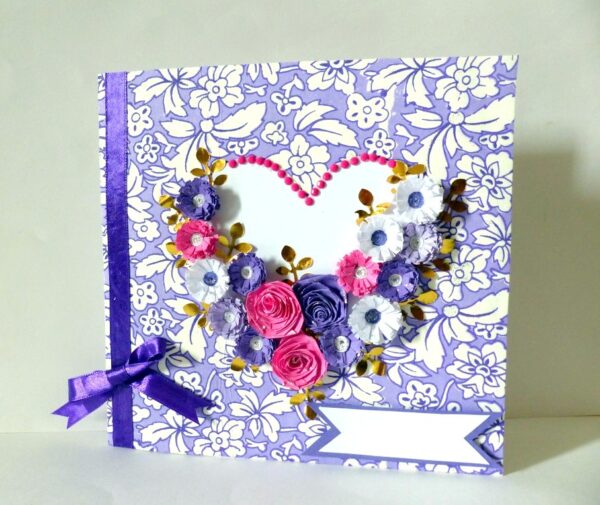 Purple Flowers and Roses In Heart Greeting Card image Purple Flowers and Roses In Heart Greeting Card image
