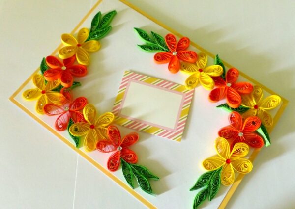 Yellow and Orange Quilled Corner Greeting Card image Yellow and Orange Quilled Corner Greeting Card image