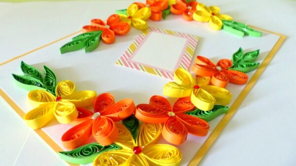 Yellow and Orange Quilled Corner Greeting Card image Yellow and Orange Quilled Corner Greeting Card image
