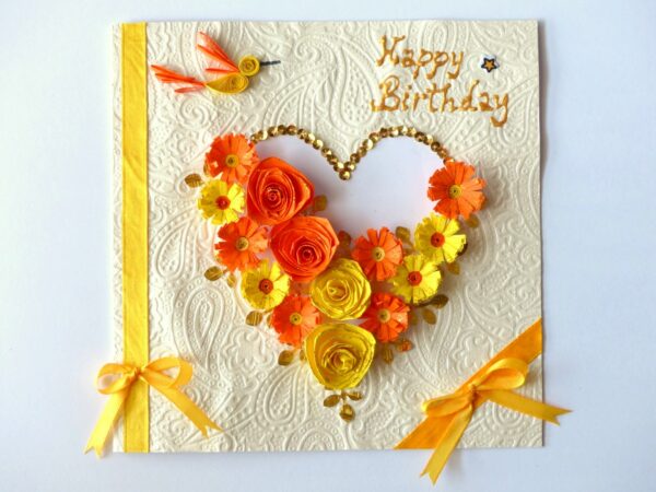 Yellow Themed Quilled Flowers in Heart Greeting Card image Yellow Themed Quilled Flowers in Heart Greeting Card image