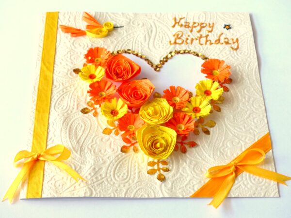 Yellow Themed Quilled Flowers in Heart Greeting Card image Yellow Themed Quilled Flowers in Heart Greeting Card image