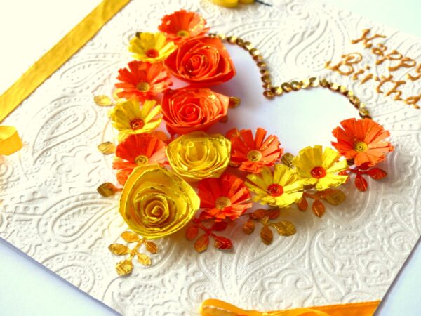 Yellow Themed Quilled Flowers in Heart Greeting Card image Yellow Themed Quilled Flowers in Heart Greeting Card image