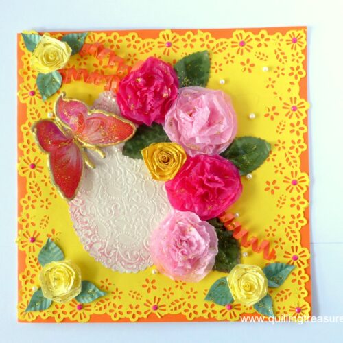 Yellow Paper Lace Border With Pink Flowers Greeting Card image