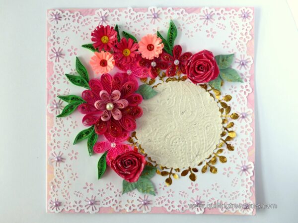 Paper Lace Border Pink Variety Flowers Greeting Card image Paper Lace Border Pink Variety Flowers Greeting Card image