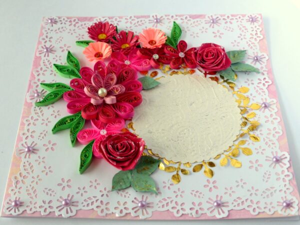 Paper Lace Border Pink Variety Flowers Greeting Card image Paper Lace Border Pink Variety Flowers Greeting Card image