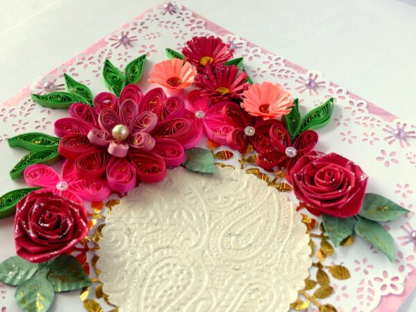 Paper Lace Border Pink Variety Flowers Greeting Card image Paper Lace Border Pink Variety Flowers Greeting Card image