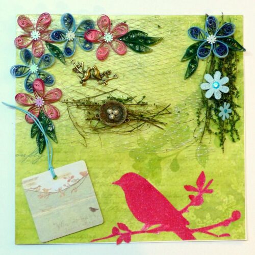 Birds in Love with Nest And Quilled Flowers Greeting Card image