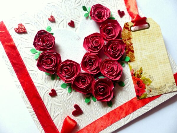 Quilled Red Roses in Heart Greeting Card image Quilled Red Roses in Heart Greeting Card image