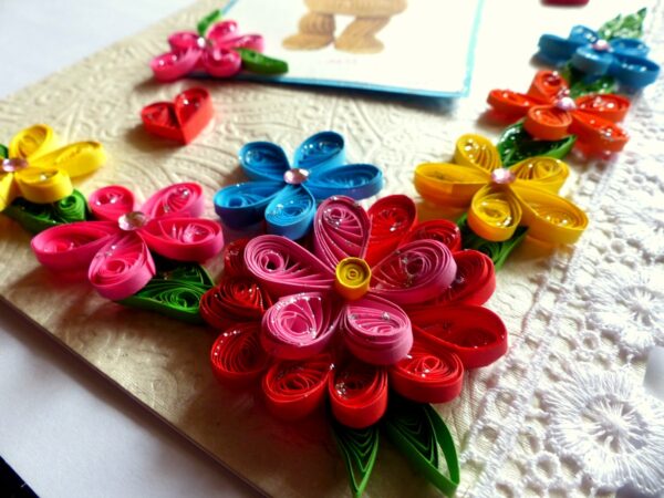Multicolor Quilled Flowers In Corner Greeting Card image Multicolor Quilled Flowers In Corner Greeting Card image