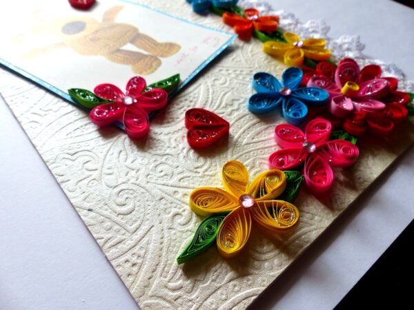 Multicolor Quilled Flowers In Corner Greeting Card image Multicolor Quilled Flowers In Corner Greeting Card image