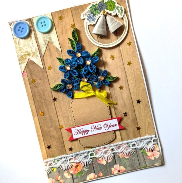 Quilled Blue Flowers New Year Greeting Card image Quilled Blue Flowers New Year Greeting Card image