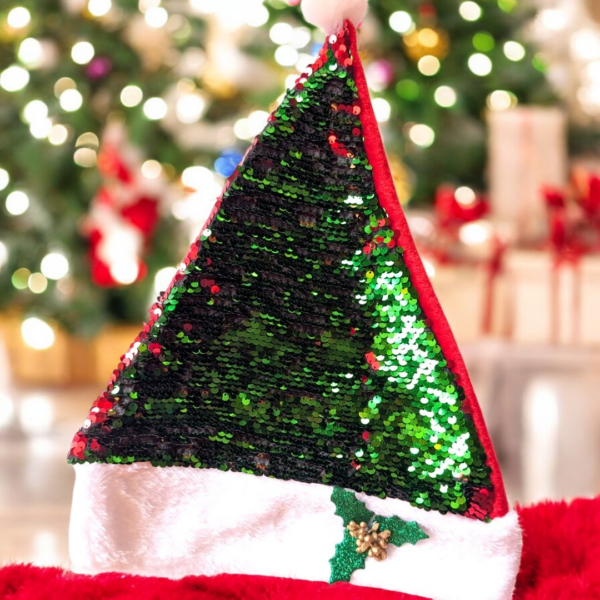 PXL_20241201_101422007-Photoroom Red Green Flip Sequin Santa Cap with Holly Leaves
