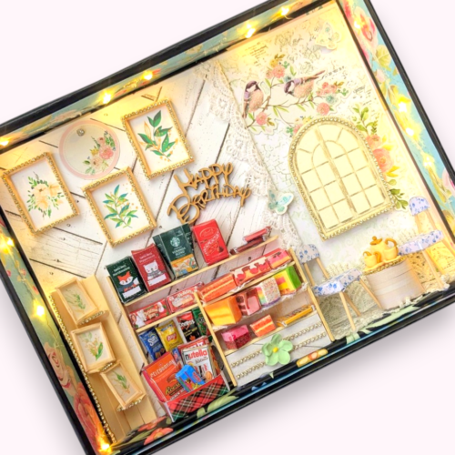 Miniature Cafe Birthday Greeting card with Lights