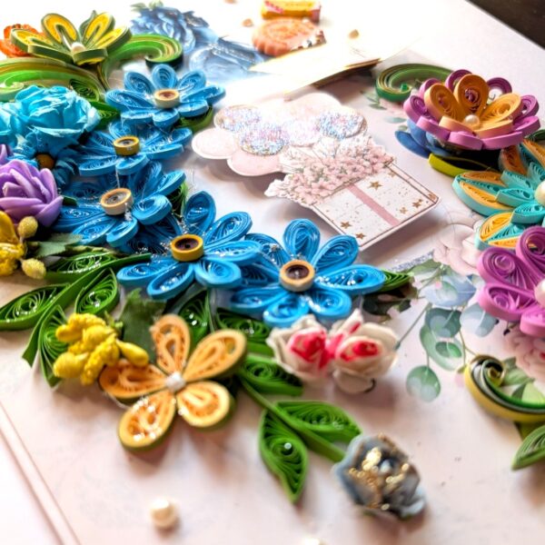 PXL_20260216_101208206 A4 Sparkling Quilled Flowers Birthday Greeting card