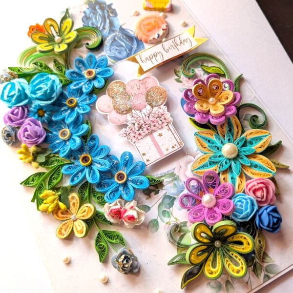 PXL_20260216_101226815 A4 Sparkling Quilled Flowers Birthday Greeting card