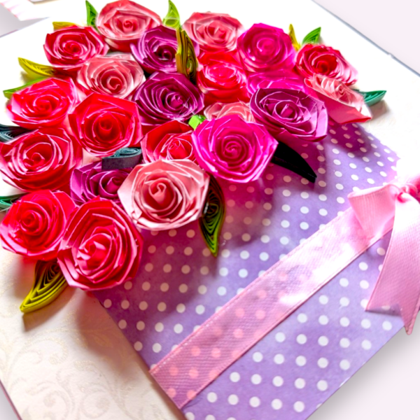 Quilled greeting card in box - Pink Roses