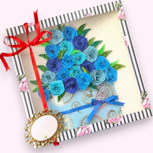 Quilled greeting card in box - Blue Roses