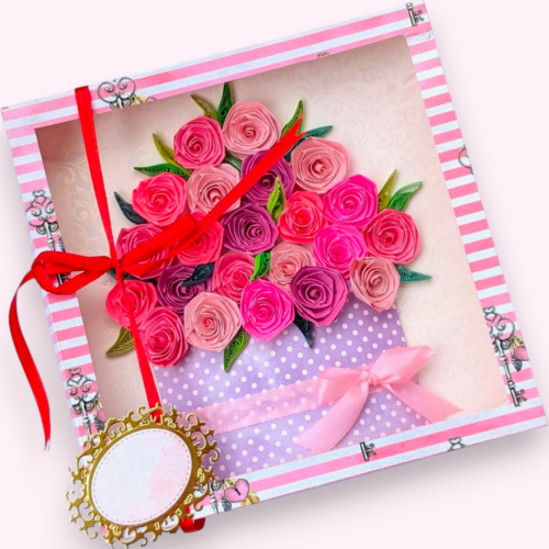 Quilled greeting card in box - Pink Roses