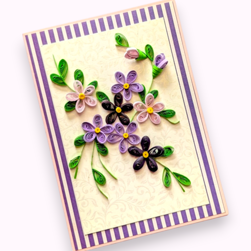 Assorted Purple quilled flowers greeting card