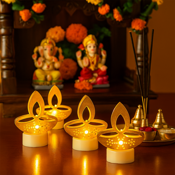 1000169633 Golden Diya LED Tealight Candles – Elegant Flameless Decor (6 Pc Set)