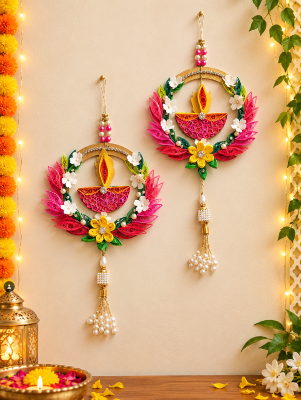 Festive Quilled Diya Wall Hangings Diwali Quilled Wall hangings Set of 2 in Gift box
