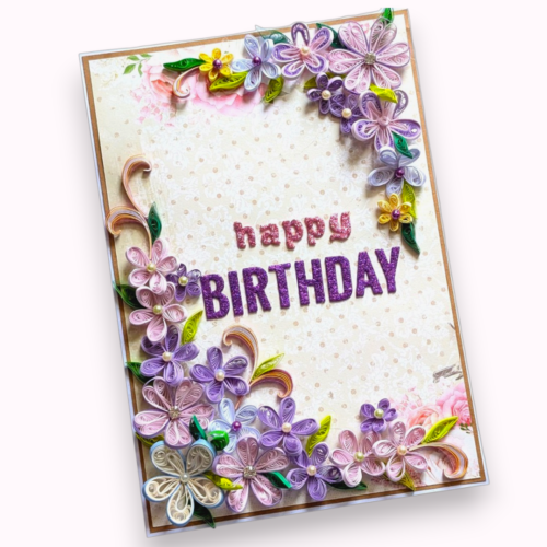 Quilled purple birthday card-Photoroom A4 size Purple quilled Flowers Birthday card